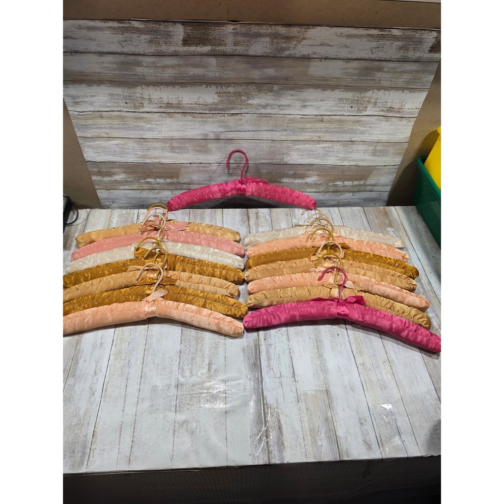 Vintage Padded Satin Hangers Set of 15 Pink Gold Champagne Peach Bow Detail